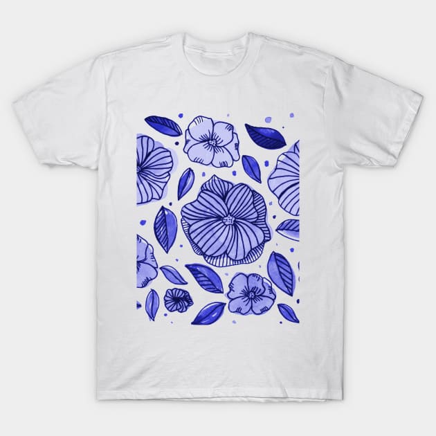 Watercolor and ink flowers - blue T-Shirt by wackapacka